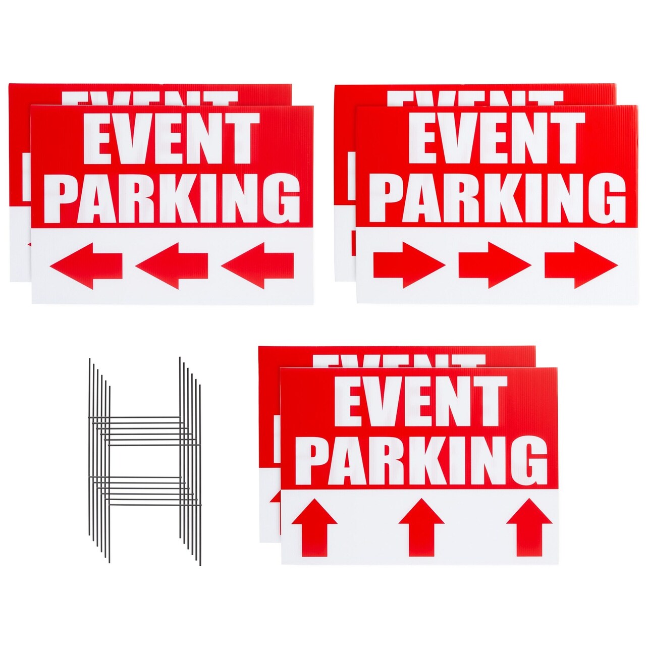 6 Pack Outdoor Event Parking Signs with Arrows, 12 x 17 Inch Double Sided Corrugated Plastic Yard Signage with Stakes in 3 Designs, Event Parking, Directional Signage